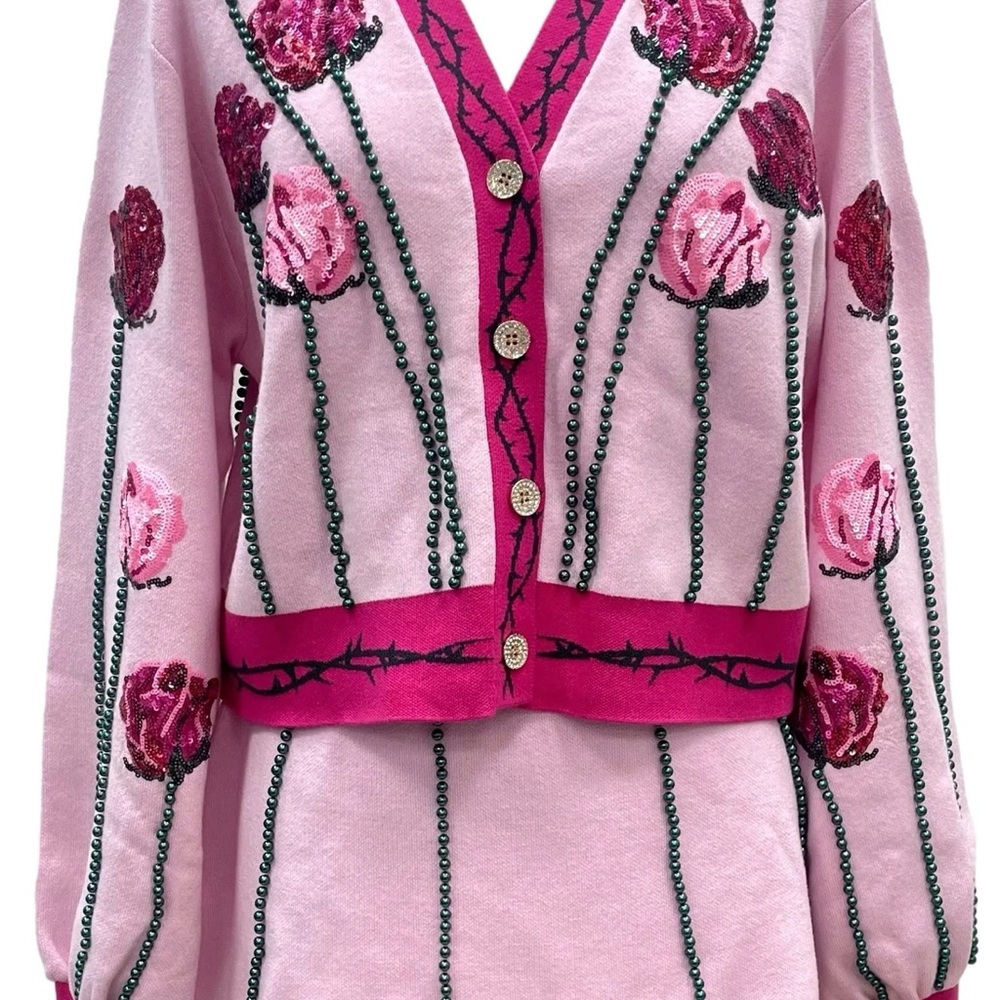 QUEEN OF SPARKLES Long Stem Rose Cardigan/Skirt Set NWT - Picture 5 of 5